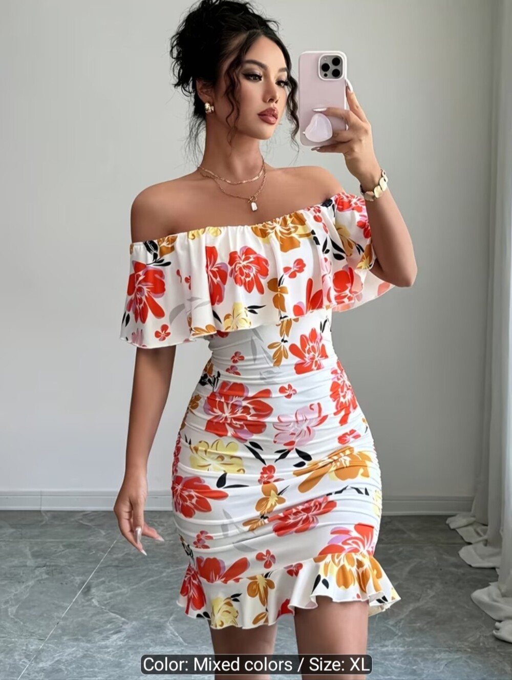 Women's  Tropical Print Off Shoulder Ruffle Trim Ruched Bodycon Dress
